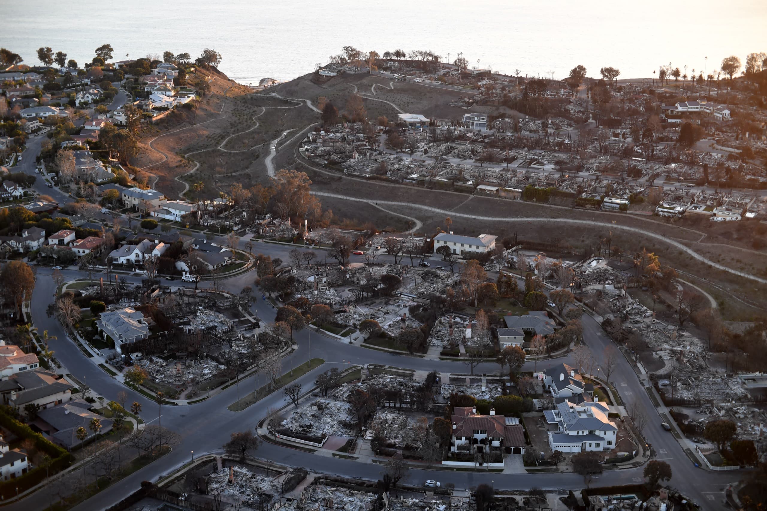 Aerial view of the Pacific Palisades coastline after the January 2025 fire