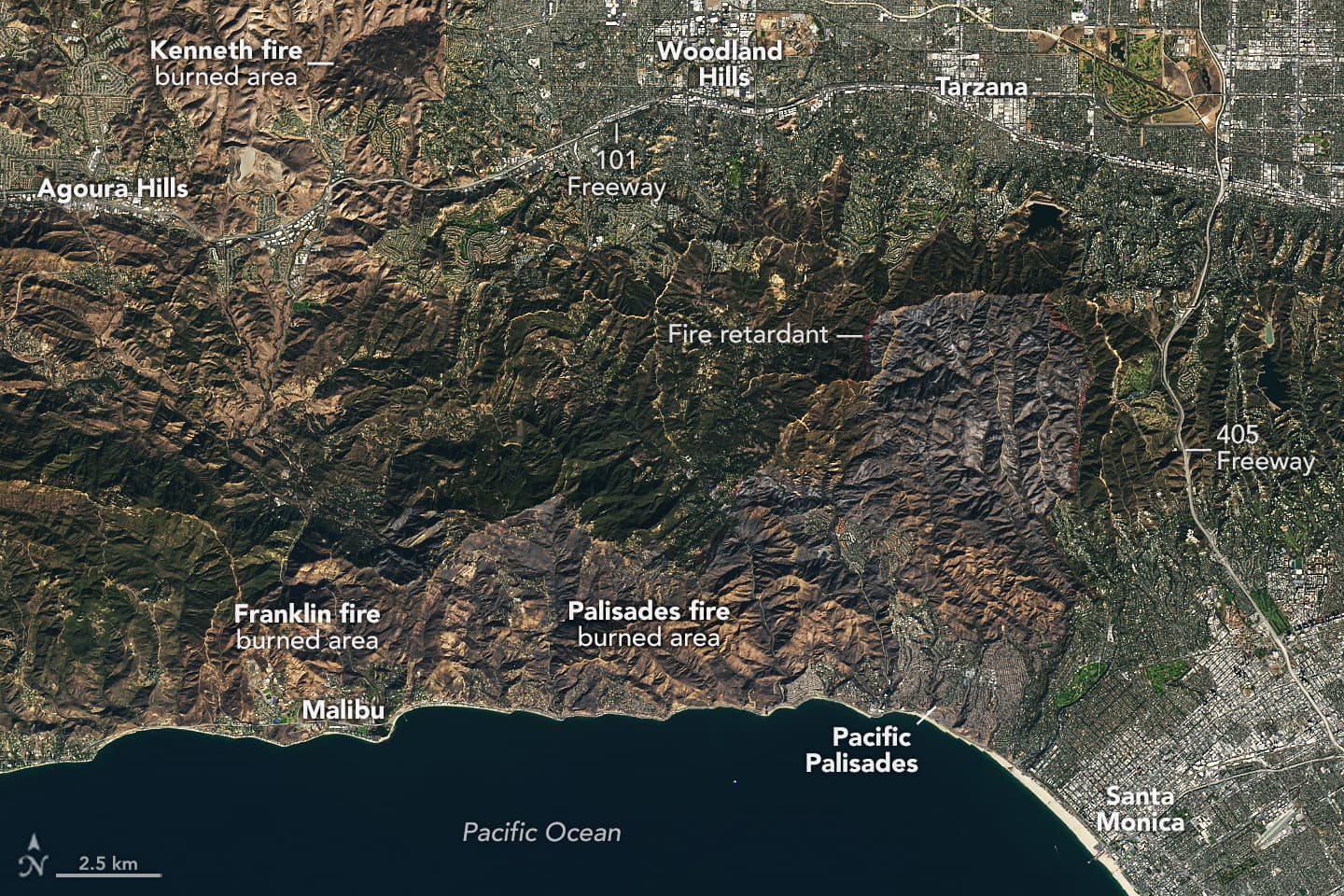 Landsat satellite view of the Palisades Fire burn footprint over Pacific Palisades and the coast